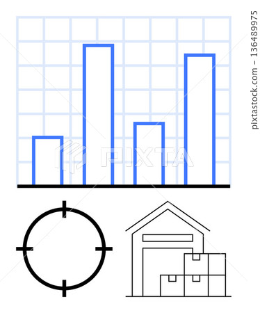 Business analytics, logistics management, inventory tracking, performance measurement, supply chain, data trends. Bar chart with grid, target symbol warehouse with stacked boxes. Business analytics Business analytics, logistics management, inventory tracking, performance measurement, supply chain, data trends. Bar chart with grid, target symbol warehouse with stacked boxes. Business analytics 136489975