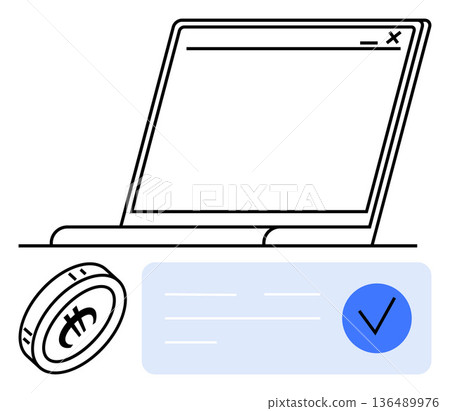 Cryptocurrency, digital payments, e-commerce, financial transactions, blockchain verification, online banking. A laptop, coin with cryptocurrency symbol and approved transaction icon. Cryptocurrency Cryptocurrency, digital payments, e-commerce, financial transactions, blockchain verification, online banking. A laptop, coin with cryptocurrency symbol and approved transaction icon. Cryptocurrency 136489976