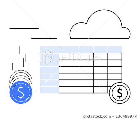 Finance management, cloud storage, data analysis, business reporting, digital currency, budgeting. A spreadsheet, cloud icon and coins. Finance management and cloud storage for digital tracking Finance management, cloud storage, data analysis, business reporting, digital currency, budgeting. A spreadsheet, cloud icon and coins. Finance management and cloud storage for digital tracking 136489977