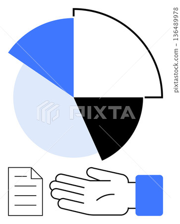 Data analysis, business strategy, analytics, decision-making, teamwork, information sharing. A stylized pie chart, hand and document icon. Data analysis and business strategy concept Data analysis, business strategy, analytics, decision-making, teamwork, information sharing. A stylized pie chart, hand and document icon. Data analysis and business strategy concept 136489978