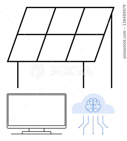 Renewable energy, AI innovation, technology integration, smart systems, eco-friendly designs, and cloud computing. Diagram of a solar panel, monitor and AI cloud icon. Renewable energy and AI Renewable energy, AI innovation, technology integration, smart systems, eco-friendly designs, and cloud computing. Diagram of a solar panel, monitor and AI cloud icon. Renewable energy and AI 136489979