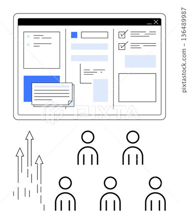 Business growth, team collaboration, project management, UI design, productivity, online tools. Interface with form elements, people icons and arrows. Business growth and team collaboration concept Business growth, team collaboration, project management, UI design, productivity, online tools. Interface with form elements, people icons and arrows. Business growth and team collaboration concept 136489987