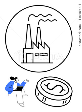 Economic development, industrialization, financial growth, corporate strategy, investment decisions, marketplace trends. Factory emitting smoke, large coin person working on laptop. Economic Economic development, industrialization, financial growth, corporate strategy, investment decisions, marketplace trends. Factory emitting smoke, large coin person working on laptop. Economic 136489991