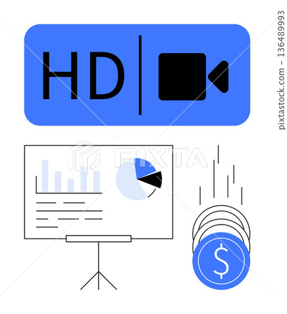 Video production, monetization, financial growth, data analysis, digital marketing, content creation. HD video symbol, bar and pie chart coins. Video monetization and financial growth concept Video production, monetization, financial growth, data analysis, digital marketing, content creation. HD video symbol, bar and pie chart coins. Video monetization and financial growth concept 136489993
