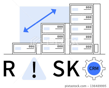 Risk assessment, software optimization, data management, predictive analytics, system alerts, business strategies. Servers, trendline and alert symbols. Risk assessment and software optimization 136489995