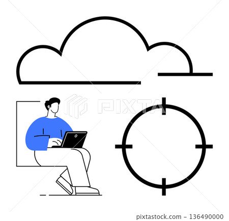 Cloud computing, remote work, data analysis, targeting, IT solutions, personal tech. A person uses a laptop under a cloud and target icons. Cloud computing and remote work concept 136490000