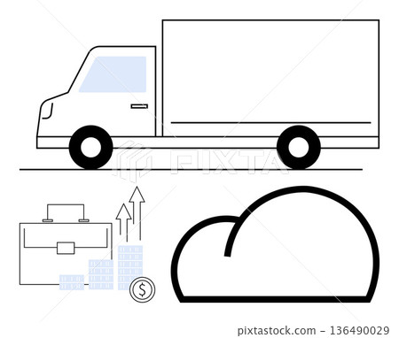 Logistics, cloud computing, financial management, business efficiency, supply chain, technology integration. A delivery truck, cloud icon briefcase and financial growth symbols. Logistics and cloud 136490029