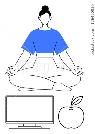 Meditation, wellness, mindfulness, work-life balance, technology, healthy living. Woman sitting cross-legged in meditation with a monitor and apple below. Wellness and mindfulness concept Meditation, wellness, mindfulness, work-life balance, technology, healthy living. Woman sitting cross-legged in meditation with a monitor and apple below. Wellness and mindfulness concept 136490030