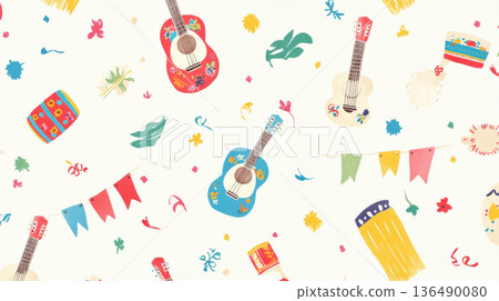 Colorful holiday mexican guitar pattern with music-themed elements as celebration background 136490080