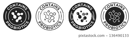 Contains probiotics label. Prebiotics bacteria icon. Flora vector illustration for dairy product packaging logo, sign, symbol or emblem isolated. Contains probiotics label. Prebiotics bacteria icon. Flora vector illustration for dairy product packaging logo, sign, symbol or emblem isolated. 136490133