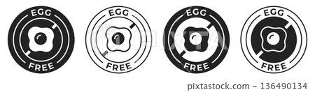 Egg free label. Egg free icon. No allergen vector illustration for product packaging logo, sign, symbol or emblem isolated. Egg free label. Egg free icon. No allergen vector illustration for product packaging logo, sign, symbol or emblem isolated. 136490134