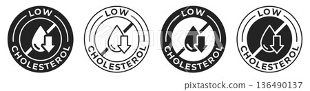 Low cholesterol label. Trans fat free icon. Low cholesterol illustration for product packaging logo, sign, symbol or emblem. Zero calories badge isolated. Low cholesterol label. Trans fat free icon. Low cholesterol illustration for product packaging logo, sign, symbol or emblem. Zero calories badge isolated. 136490137