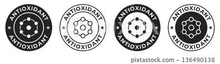 Antioxidant label. Detox molecular illustration for product packaging logo, sign, symbol or emblem. Antioxidant icon isolated. Antioxidant label. Detox molecular illustration for product packaging logo, sign, symbol or emblem. Antioxidant icon isolated. 136490138
