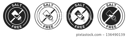 Salt free label. Low sodium icon. Salt free illustration for product packaging logo, sign, symbol or emblem isolated. 136490139