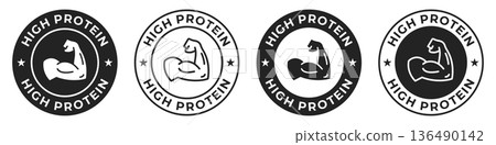 High protein label. Rich source of protein badge. Bodybuilding illustration for product packaging icon, logo, sign, symbol or emblem isolated. 136490142