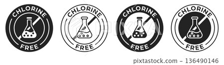 Chlorine free label. Chloride and phosphate free illustration for product packaging logo, sign, symbol, badge or emblem. Chemicals free certified icon isolated. 136490146