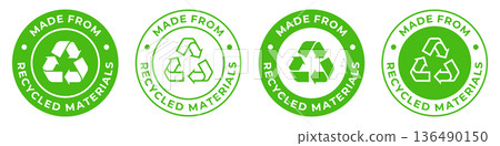 Made from recycled materials label. Zero waste vector icon. Reusable plastic illustration for product packaging logo, sign, symbol, badge or emblem isolated. 136490150