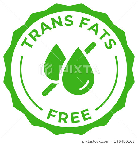 Trans fat free label. Zero trans fat vector icon. Green logo, symbol, badge, tag or emblem isolated. Low cholesterol isolated illustration for stamp, seal, sticker or tag 136490165