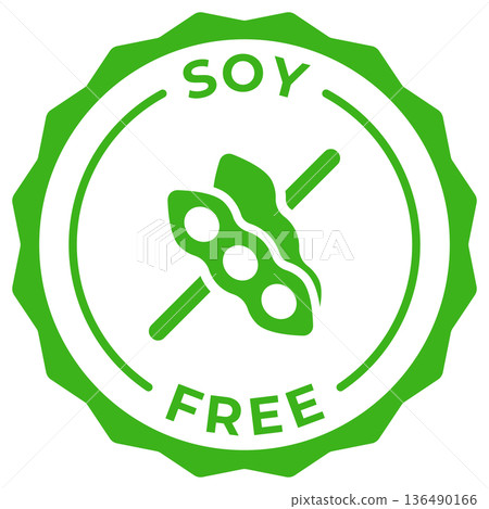Soy free label vector icon illustration for product package. Zero soy green logo, symbol, badge, tag, stamp, seal, sticker, mark, tag or emblem isolated. 136490166