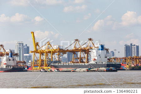 Panorama of Bangkok shipping container terminal, The Asian modernize harbor and global trade. Panorama of Bangkok shipping container terminal, The Asian modernize harbor and global trade. 136490221