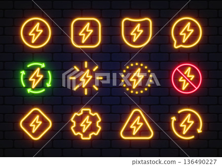 Neon vector set of electric power symbols in different shapes and styles. Glowing icons create a bold urban vibe on a dark brick wall. Ideal for energy themes, tech design, or signage projects. Neon vector set of electric power symbols in different shapes and styles. Glowing icons create a bold urban vibe on a dark brick wall. Ideal for energy themes, tech design, or signage projects. 136490227