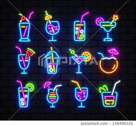 Neon vector set of cocktail icons on dark brick background, featuring colorful drinks, glasses, straws, and fruit details. Perfect for bar menus, nightlife branding and party posters. Neon vector set of cocktail icons on dark brick background, featuring colorful drinks, glasses, straws, and fruit details. Perfect for bar menus, nightlife branding and party posters. 136490228