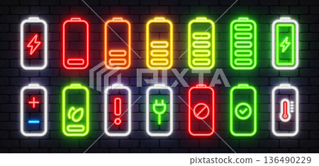 Neon vector collection of battery charge indicators with various status symbols. Bright glowing levels show power, warning, eco mode and full capacity. Perfect for tech apps, energy themes. Neon vector collection of battery charge indicators with various status symbols. Bright glowing levels show power, warning, eco mode and full capacity. Perfect for tech apps, energy themes. 136490229