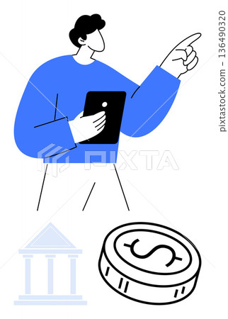 Finance, banking, budgeting, investment, fintech, digital economy. Person with tablet pointing forward, coin and bank icons. Finance and banking concepts reflected in visual elements Finance, banking, budgeting, investment, fintech, digital economy. Person with tablet pointing forward, coin and bank icons. Finance and banking concepts reflected in visual elements 136490320