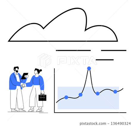 Cloud computing, business collaboration, data visualization, analytics, digital transformation, professional agreements. Businesspeople shaking hands, line graph chart and cloud icon. Cloud 136490324