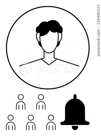Team collaboration, notification alerts, profile management, workflow coordination, social connections, community engagement. Circular user avatar with team figures and a bell icon. Profile 136490325