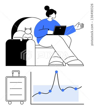 Remote work, travel planning, data analysis, productivity, digital tools, lifestyle balance. Person on couch with laptop, suitcase and graph. Remote work and travel planning 136490326