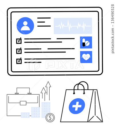 Healthcare management, health monitoring, e-commerce, investment trends, online services, medical technology. Tablet with medical profile, charts health bag. Healthcare management and online 136490328