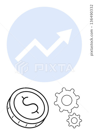 Economic growth, financial strategies, profitability, business optimization, success metrics, wealth. Upward arrow, dollar coin gear cogs. Economic growth and financial strategies concept 136490332