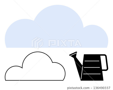 Gardening, weather forecast, climate change, growth, eco sustainability, rain. Blue cloud and outline with a black watering can. Gardening and weather forecast Gardening, weather forecast, climate change, growth, eco sustainability, rain. Blue cloud and outline with a black watering can. Gardening and weather forecast 136490337