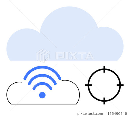 Cloud storage, wireless connection, data transfer, cybersecurity, connectivity solutions, network targeting. Blue cloud with wireless signal and targeting icon. Cloud storage and wireless connection Cloud storage, wireless connection, data transfer, cybersecurity, connectivity solutions, network targeting. Blue cloud with wireless signal and targeting icon. Cloud storage and wireless connection 136490346