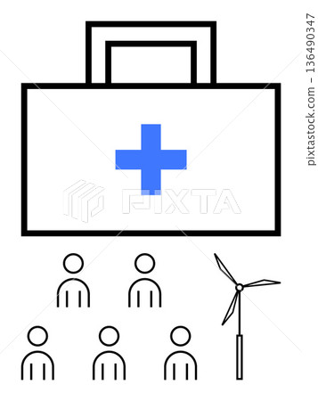 Sustainability, healthcare access, community welfare, renewable resources, clean energy, environment. A first aid kit, people icons and a wind turbine in minimal line art. Sustainability Sustainability, healthcare access, community welfare, renewable resources, clean energy, environment. A first aid kit, people icons and a wind turbine in minimal line art. Sustainability 136490347