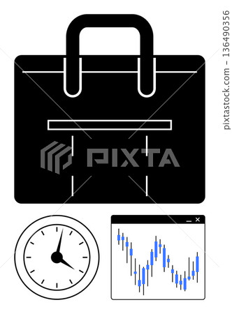 Financial planning, stock market, investment tracking, time management, career growth, productivity. Black briefcase, clock and stock chart. Financial planning and stock market concepts Financial planning, stock market, investment tracking, time management, career growth, productivity. Black briefcase, clock and stock chart. Financial planning and stock market concepts 136490356