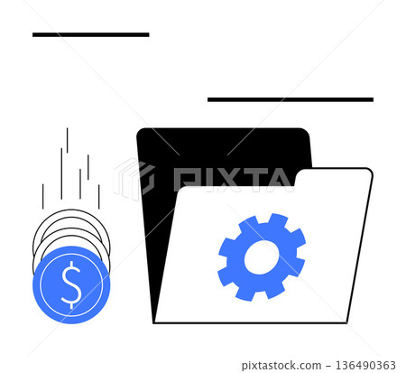 Financial management, data organization, digital economy, business analytics, cloud storage, investment planning. Blue gear on folder and falling coins. Financial management and data organization Financial management, data organization, digital economy, business analytics, cloud storage, investment planning. Blue gear on folder and falling coins. Financial management and data organization 136490363