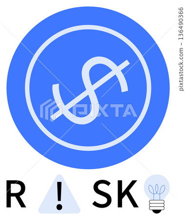 Financial risk, business strategy, money management, problem solving, warning signs, innovation. Dollar sign crossed out in blue circle with warning icon and lightbulb. Financial risk 136490366