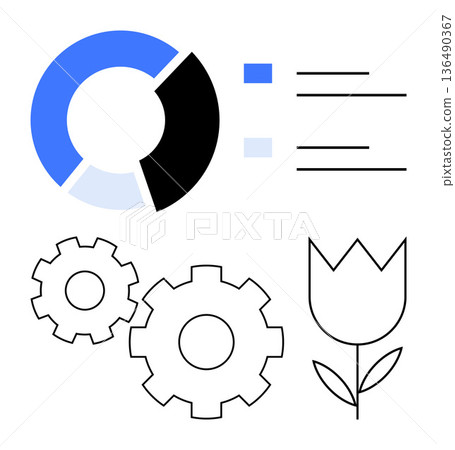 Data analysis, nature integration, workflow mechanics, teamwork, process engineering, eco-tech solutions. Pie chart, gears and flower icons in minimalist style. Data analysis and workflow mechanics Data analysis, nature integration, workflow mechanics, teamwork, process engineering, eco-tech solutions. Pie chart, gears and flower icons in minimalist style. Data analysis and workflow mechanics 136490367