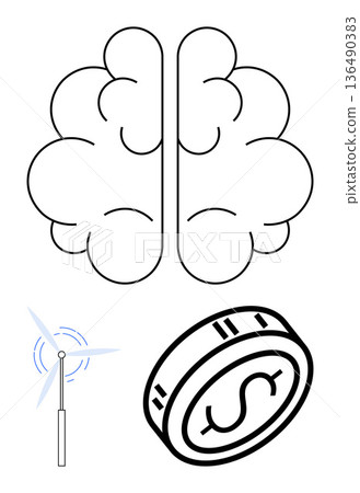 Innovation, renewable energy, economics, sustainable technology, green energy, financial strategies. Brain outline, wind turbine and coin graphic. Innovation and renewable energy concepts Innovation, renewable energy, economics, sustainable technology, green energy, financial strategies. Brain outline, wind turbine and coin graphic. Innovation and renewable energy concepts 136490383