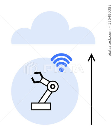 Industrial automation, cloud computing, IoT, wireless data transfer, smart manufacturing, robotics. Robotic arm connecting to cloud via wireless signal. Industrial automation and cloud computing Industrial automation, cloud computing, IoT, wireless data transfer, smart manufacturing, robotics. Robotic arm connecting to cloud via wireless signal. Industrial automation and cloud computing 136490385