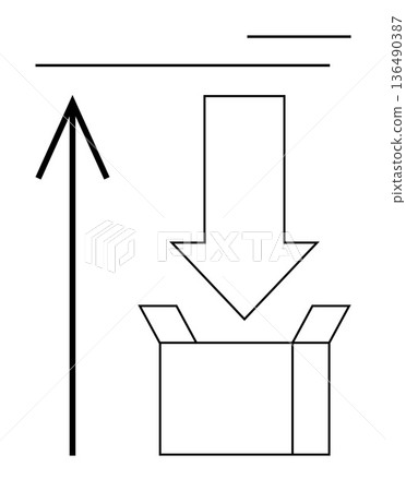 Logistics, packaging, delivery, movement, direction, organization. Arrow pointing up, arrow pointing down into an open box. Logistics and packaging concept conveying movement and direction Logistics, packaging, delivery, movement, direction, organization. Arrow pointing up, arrow pointing down into an open box. Logistics and packaging concept conveying movement and direction 136490387