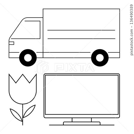 Transportation, floral design, technology, delivery services, eco-friendly, digital tools. Black and white line art a truck, tulip flower and computer monitor. Transportation and floral design Transportation, floral design, technology, delivery services, eco-friendly, digital tools. Black and white line art a truck, tulip flower and computer monitor. Transportation and floral design 136490389
