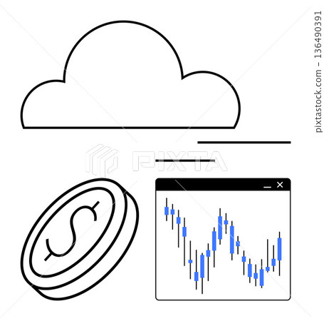 Financial technology, stock trading, digital economy, cloud computing, data analytics, fintech solutions. Minimalist cloud, dollar coin stock chart. Financial technology and stock trading Financial technology, stock trading, digital economy, cloud computing, data analytics, fintech solutions. Minimalist cloud, dollar coin stock chart. Financial technology and stock trading 136490391