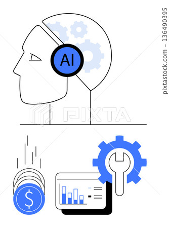 Artificial intelligence, financial analysis, technological innovation, data management, automation, machine learning. Human head with gears and AI text, dollar coins, and statistical charts Artificial intelligence, financial analysis, technological innovation, data management, automation, machine learning. Human head with gears and AI text, dollar coins, and statistical charts 136490395