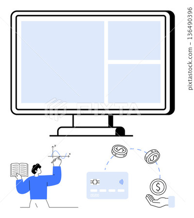 Digital finance, education, e-learning, financial transactions, online payments, graphic design. A large screen monitor, charts payment card hand exchanging currency icons. Digital finance 136490396