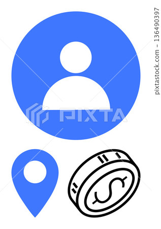 Identity authentication, geolocation services, financial transactions, user accounts, online payment, business solutions. User profile icon, location pin and dollar coin. Identity and geolocation Identity authentication, geolocation services, financial transactions, user accounts, online payment, business solutions. User profile icon, location pin and dollar coin. Identity and geolocation 136490397