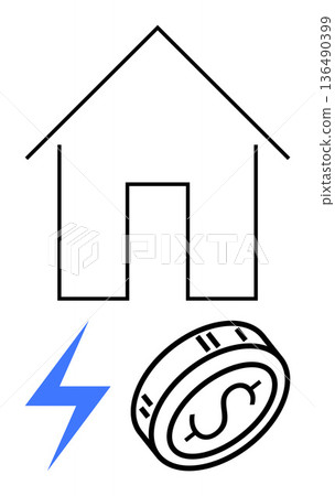 Energy savings, home expenses, green energy, budgeting, electricity costs, sustainable living. A house outline, lightning bolt and dollar coin. Energy savings and home expenses concept Energy savings, home expenses, green energy, budgeting, electricity costs, sustainable living. A house outline, lightning bolt and dollar coin. Energy savings and home expenses concept 136490399