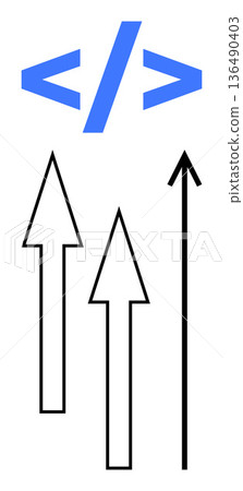 Technology, programming, innovation, growth, data, coding. Blue code symbol above black upward arrows. s technology and programming concept for innovation and growth 136490403